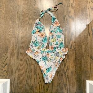 ASOS Ruffle Peplum Plunge Tropical Floral Print one piece Swimsuit‎ US 8 sexy